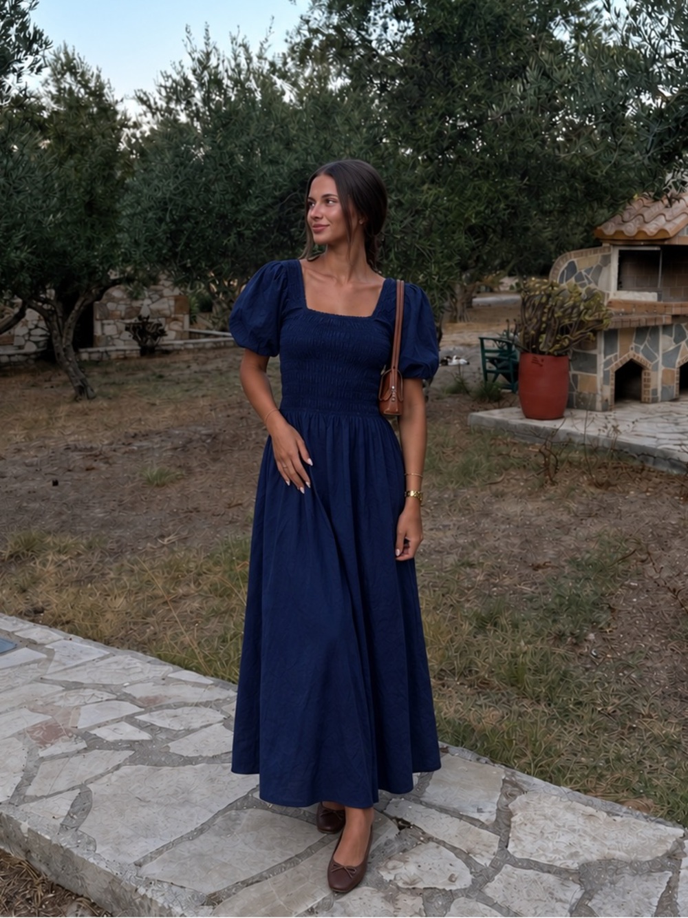 Japna Navy Cotton Smocked Puff Sleeve Midi Maxi Dress M Nap Dress